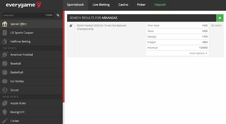 An image of the betting screen from Everygame, a popular online sportsbook in Arkansas.